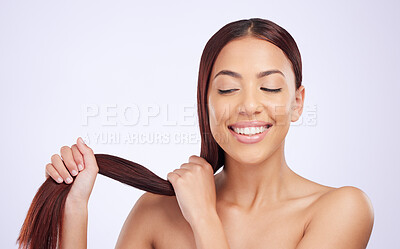 Buy stock photo Hair care, beauty and happy woman holding strong hairstyle, luxury salon treatment and color isolated on white background. Haircare, haircut and happiness, face of Brazilian model on studio backdrop.