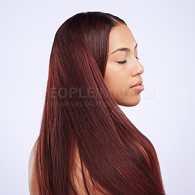 Buy stock photo Haircare, beauty and profile of woman with healthy hairstyle, luxury salon treatment and color on white background. Hair care mock up, haircut and shine, face of Brazilian model on studio backdrop.