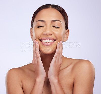 Buy stock photo Woman, natural beauty and relax skincare in a studio with happiness and smile from dermatology. Skin glow, facial and cosmetics of a young female model feeling happy from self care and face wellness