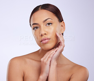 Buy stock photo Beauty, skincare and portrait of woman in studio for natural, cosmetics and dermatology mockup. Makeup, spa and glow with female model isolated on white background for self care, facial and treatment