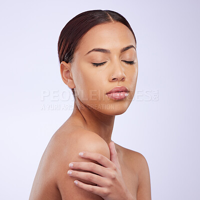 Buy stock photo Face, eyes closed or natural makeup on girl in studio isolated on white background for skincare. Facial treatment, beauty grooming or zen woman model relaxing with glow or luxury self care cosmetics