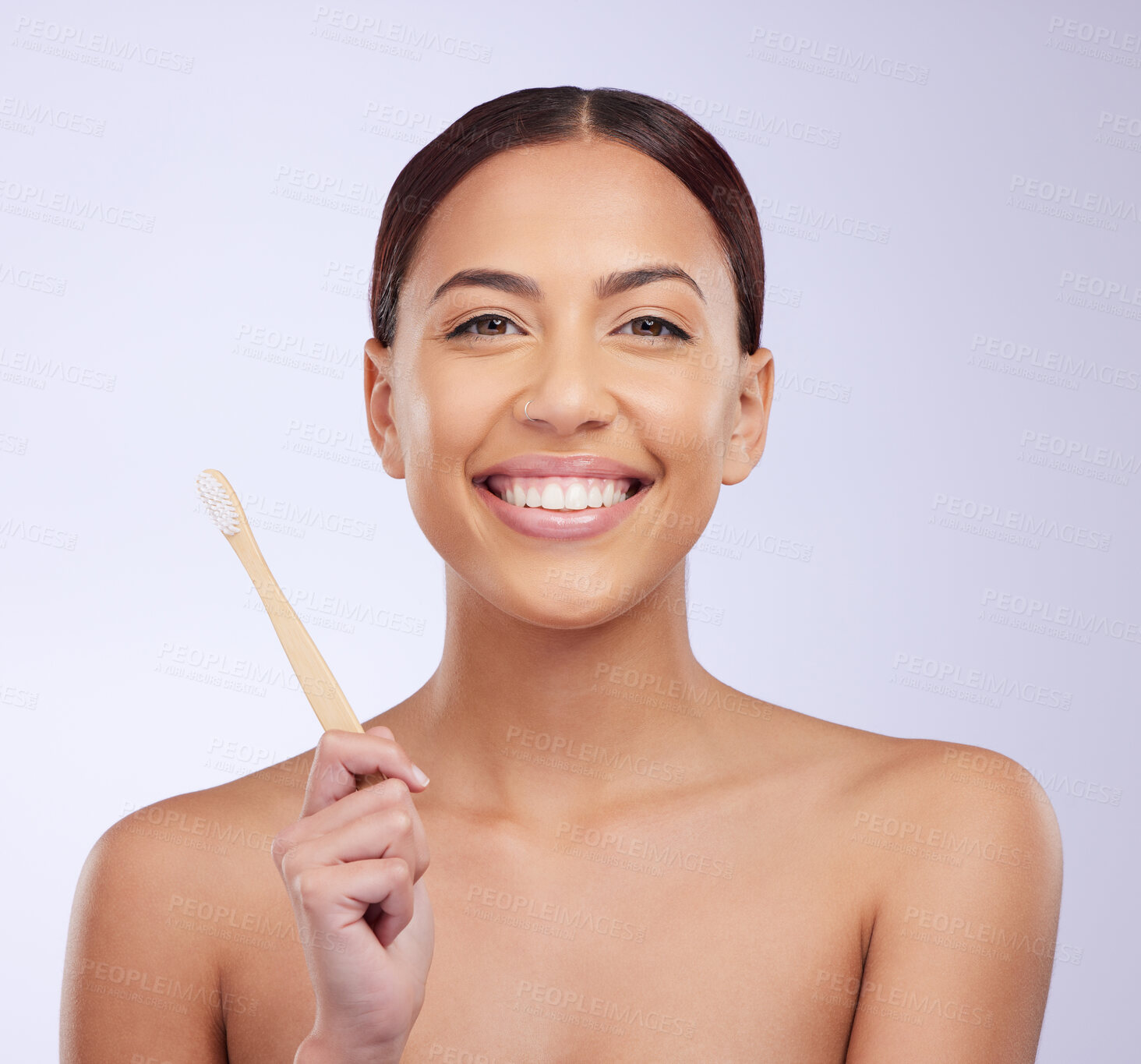 Buy stock photo Happy, dental health and portrait of a woman with a toothbrush isolated on a white background in a studio. Smile, grooming and a girl brushing teeth and showing results from a whitening treatment