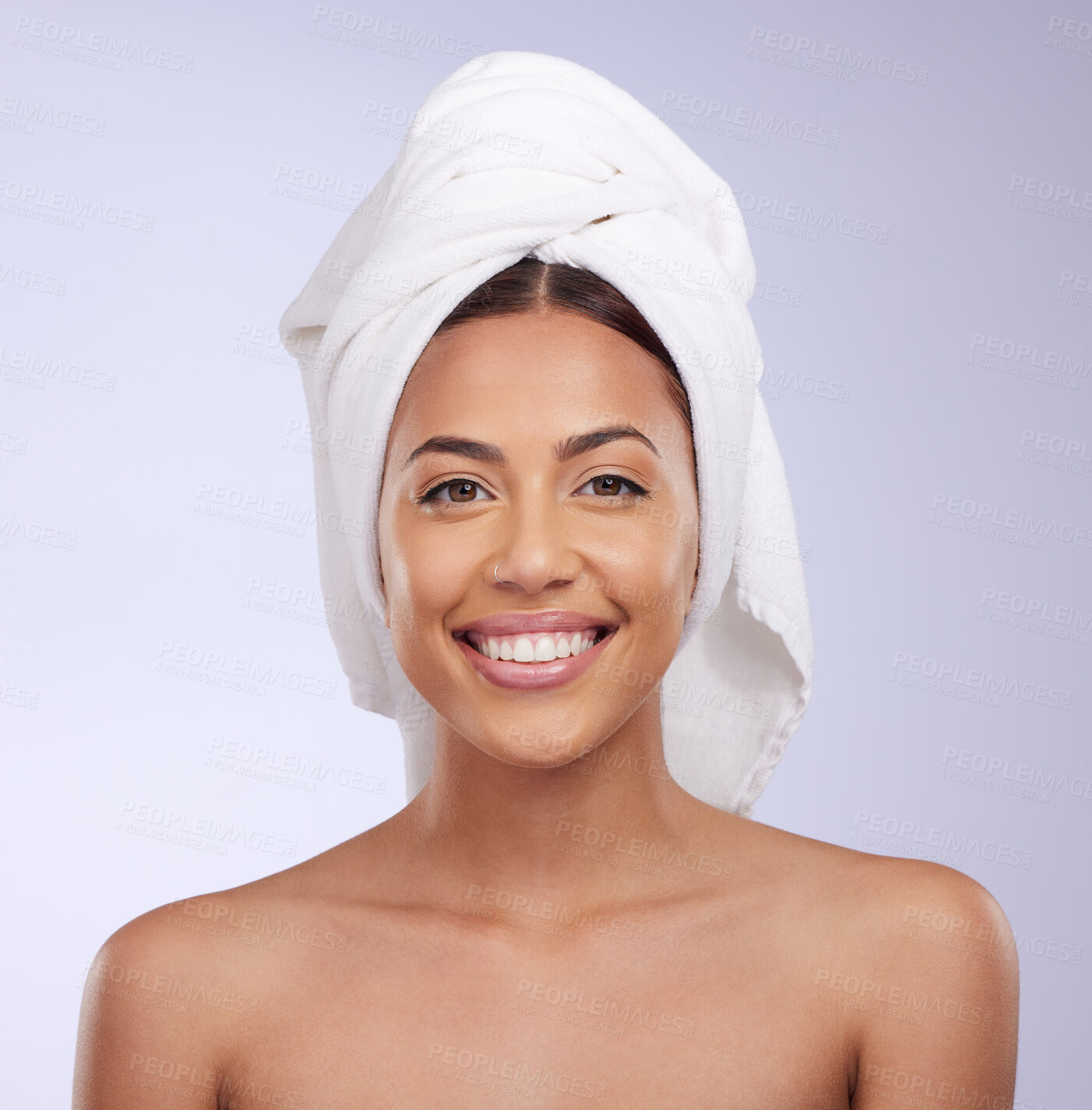 Buy stock photo Natural face portrait, towel or happy woman in studio isolated on white background for skincare beauty. Facial treatment, bathroom shower or Brazilian girl model relaxing with glow or self love 
