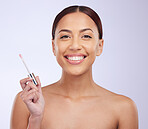 Makeup, lipstick or portrait of happy woman with lip gloss, beauty cosmetics or quality facial products. Lips care, mouth smile or girl model smiling in studio or white background or mockup space