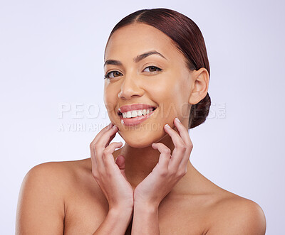 Buy stock photo Face, smile or natural makeup on happy woman in studio isolated on white background for skincare. Facial treatment, beauty grooming or zen girl model relaxing with glow or luxury self care cosmetics