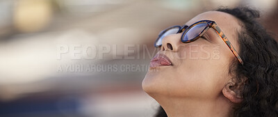 Buy stock photo Mockup, freedom and banner of a breathing woman getting fresh air, calm and break from business. Content, relax and benefits of employee resting for stress relief, relaxation and enjoying outdoors