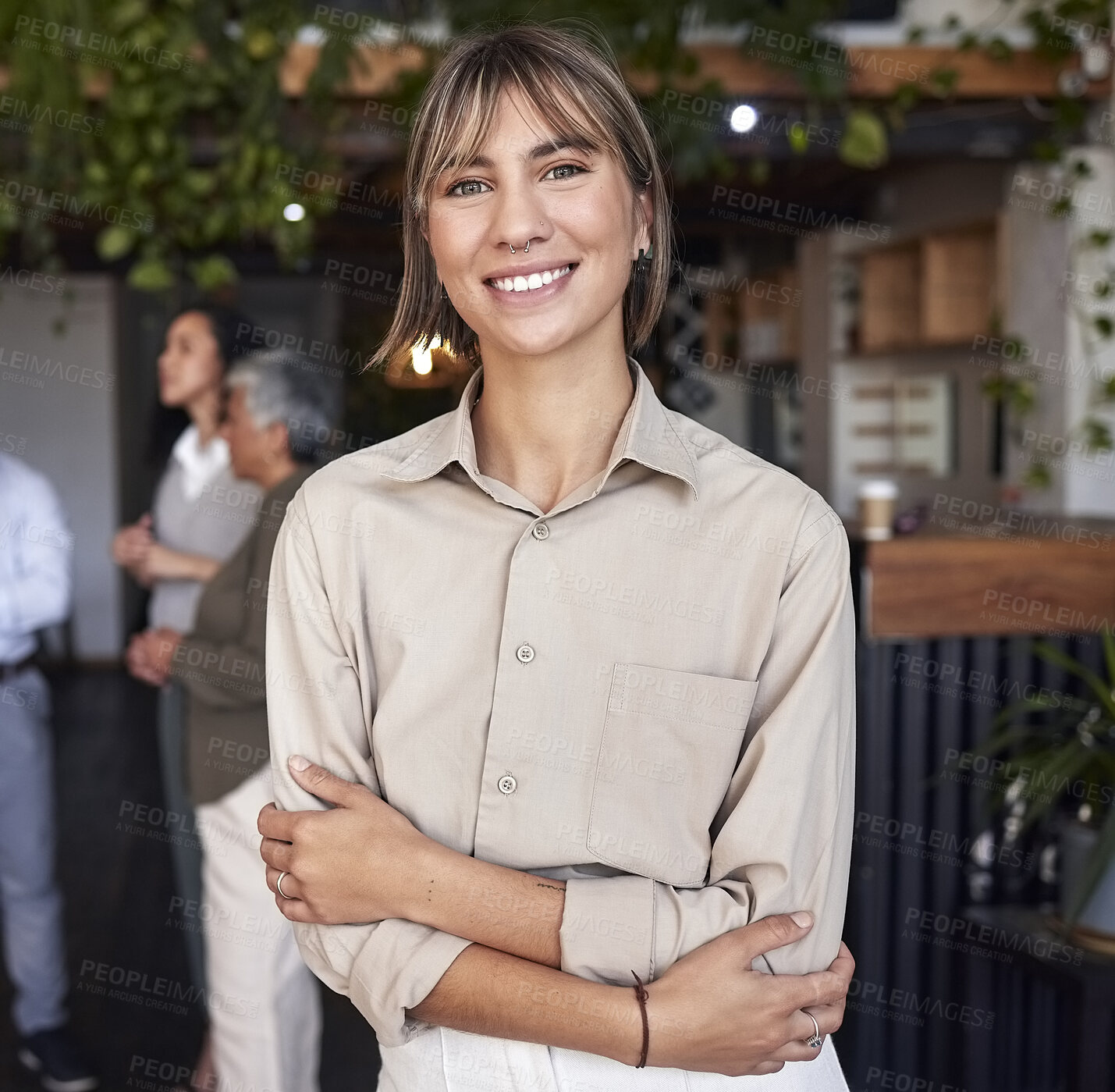 Buy stock photo Portrait, business and woman with arms crossed, smile and leadership skills in workplace. Face, female employee and manager with confidence, startup and success with company, management and happiness