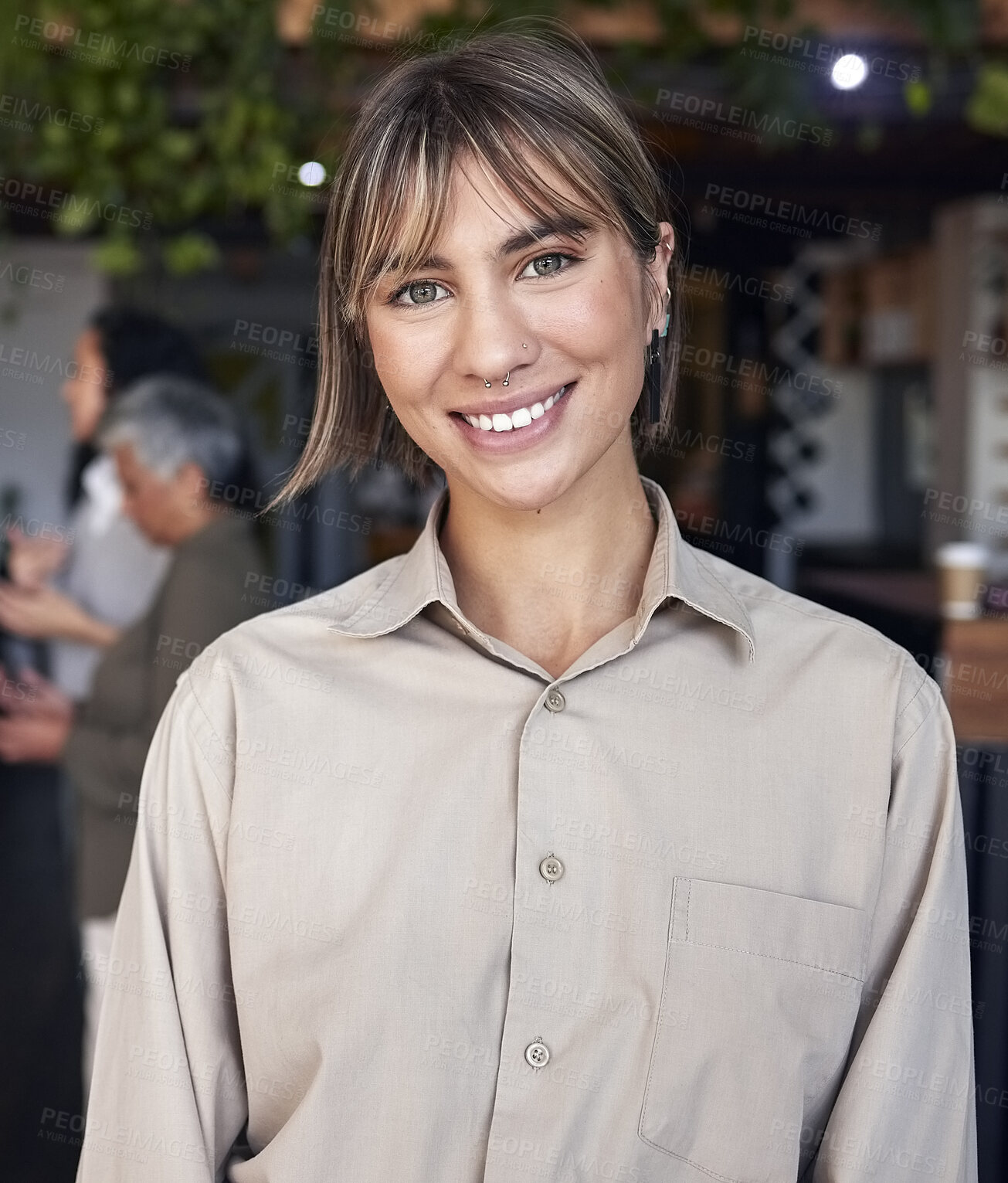 Buy stock photo Portrait, happy and professional with a business woman intern standing in the office for coaching or development. Smile, workshop and confidence with an attractive young female employee at work