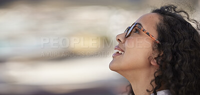 Buy stock photo Freedom, travel and happy woman outdoors for holiday, vacation and excited on blurred background. Journey, smile and young girl having fun, enjoying and exploring city or downtown, carefree and joy