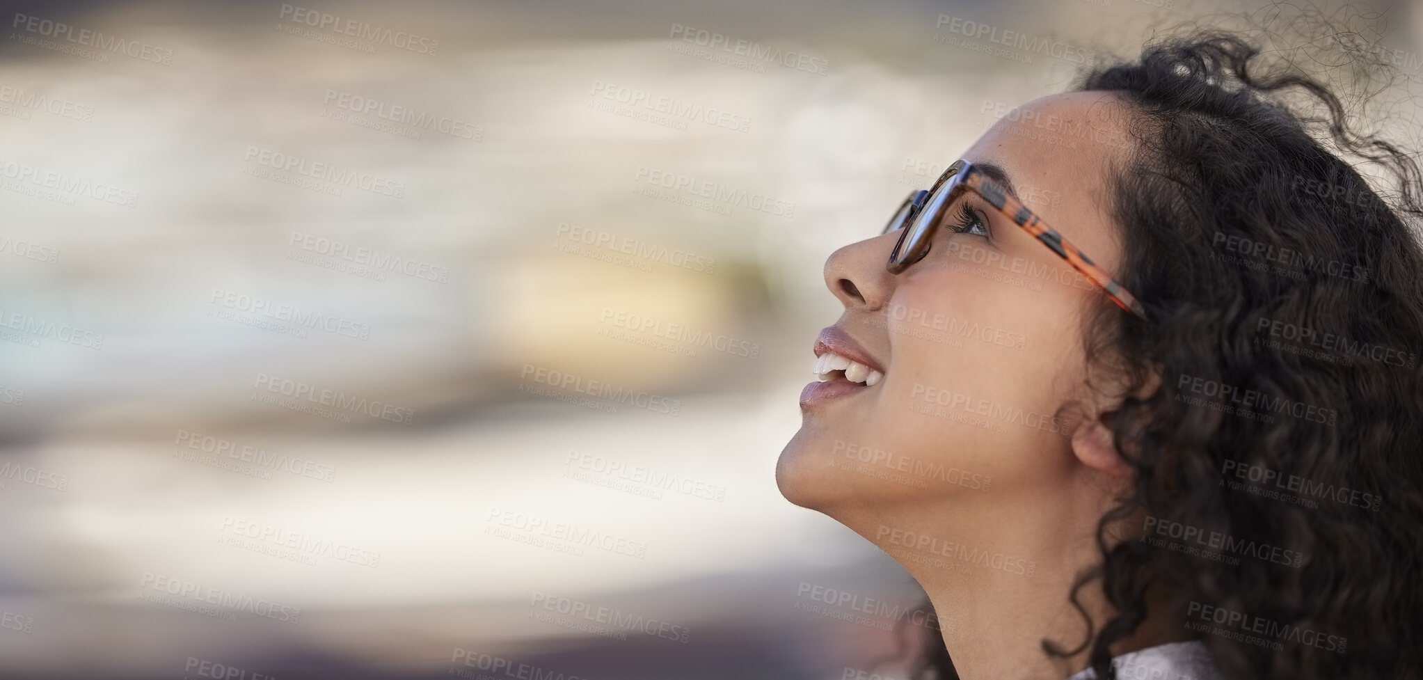 Buy stock photo Freedom, travel and happy woman outdoors for holiday, vacation and excited on blurred background. Journey, smile and young girl having fun, enjoying and exploring city or downtown, carefree and joy