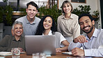 Portrait, team and business people with a laptop, planning and discussion for new project, profit growth or share ideas. Face, staff or group in office, tech and device for research and brainstorming