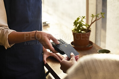 Buy stock photo Hand, credit card and pos terminal in a coffee shop for payment by a customer to a waitress for service. Finance, bill and nfc with a person paying using wireless technology in a cafe or restaurant