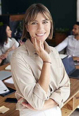 Buy stock photo Portrait, smile and professional with a business woman intern standing in the office for coaching or development. Happy, workshop and confidence with an attractive young female employee at work