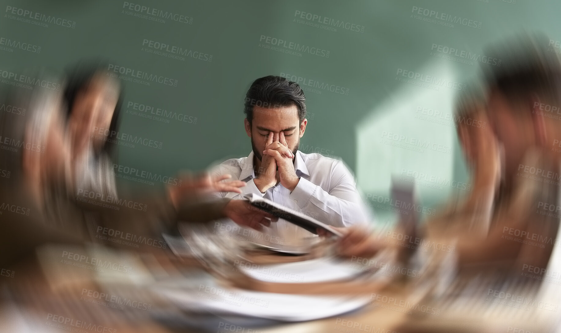 Buy stock photo Stress, migraine and motion blur with a business man in a meeting feeling frustrated, tired or overworked. Mental health, anxiety and headache with an exhausted male employee suffering from fatigue