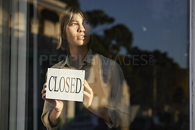 Buy stock photo Business owner, inflation and woman with closed sign, announcement and financial crisis. Female employee, entrepreneur and worker with issues, economy and problems with shop closing and startup