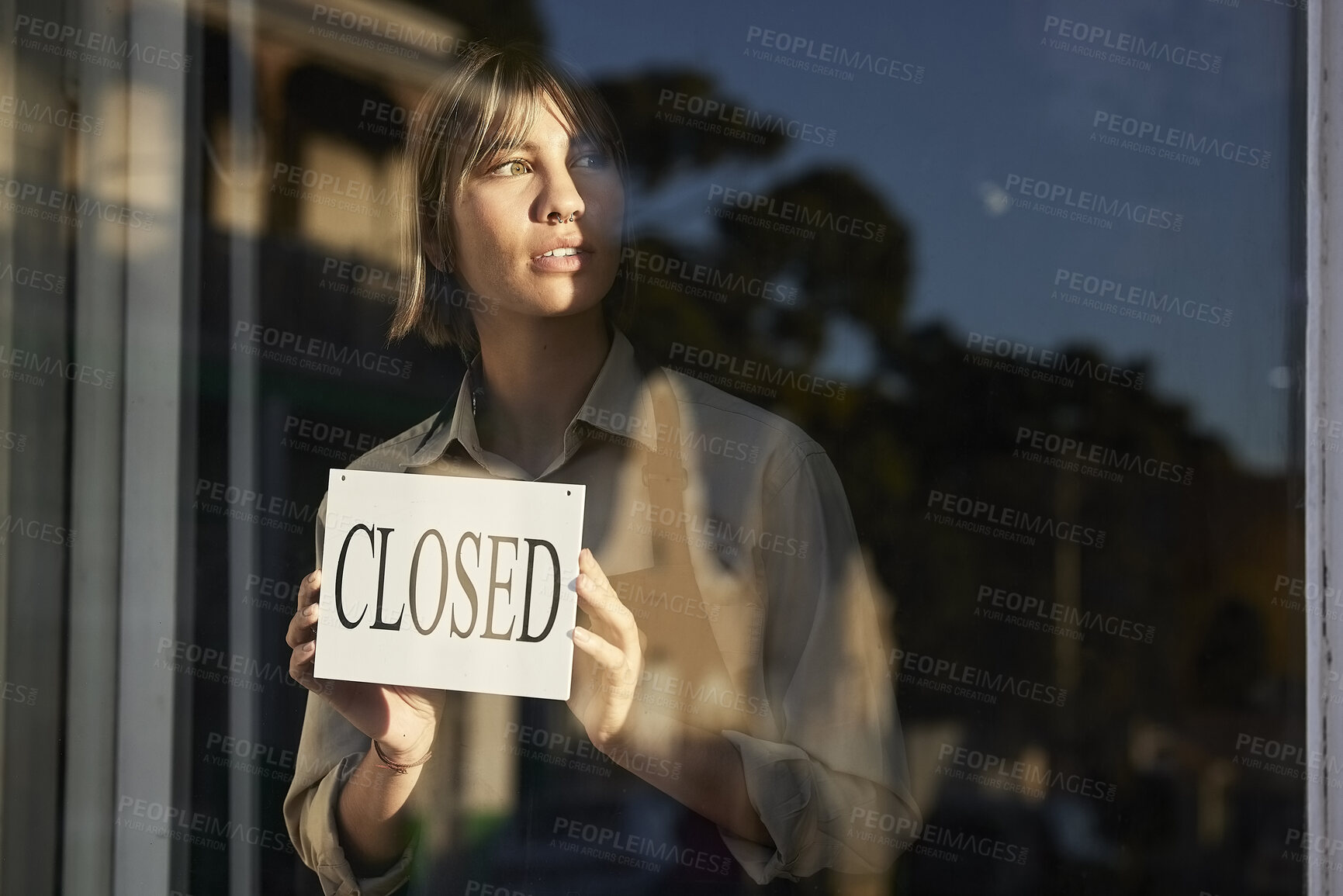 Buy stock photo Business owner, inflation and woman with closed sign, announcement and financial crisis. Female employee, entrepreneur and worker with issues, economy and problems with shop closing and startup