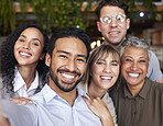 Company, selfie and smile portrait of office diversity and happiness from teamwork. Motivation, business people and startup of social media management group taking a picture for about us web page