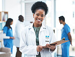 Clipboard, portrait and black woman doctor with healthcare service, happy hospital management and planning. Face, smile and professional medical person with checklist for clinic career and mission