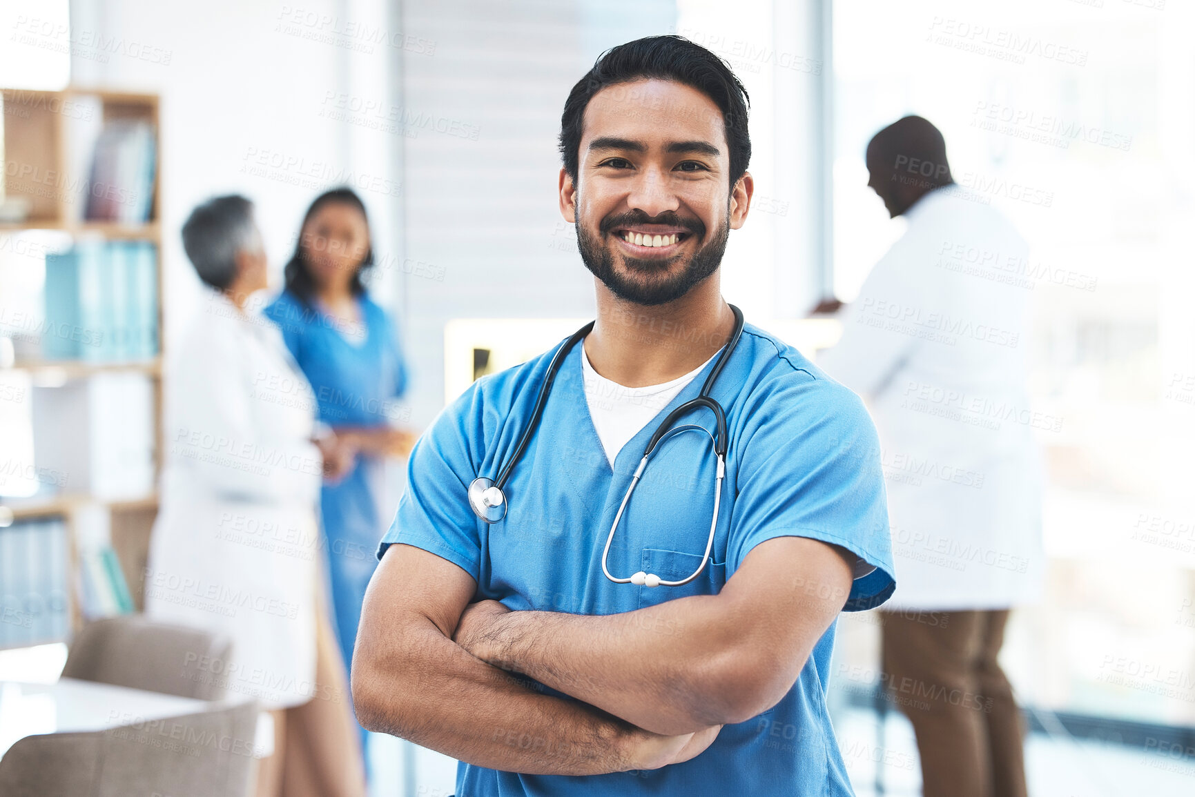 Buy stock photo Medical, arms crossed doctor with portrait of man for healthcare, surgery and happy. Smile, medicine and confident with male nurse standing in hospital for wellness, cardiology and expert