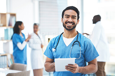 Buy stock photo Portrait, doctor and Asian man with tablet, typing and smile with confidence, career or online reading. Face, male surgeon or medical professional with  device, technology for healthcare or research