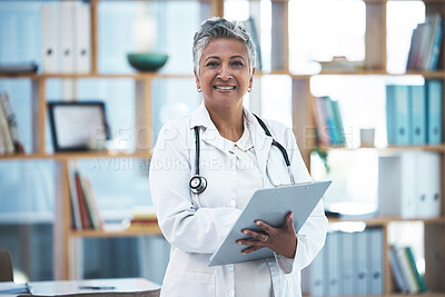 Buy stock photo Senior woman doctor, portrait and checklist in clinic for inspection, healthcare paperwork or report. Female medic, clipboard and documents for results, analysis or diagnosis with smile at hospital