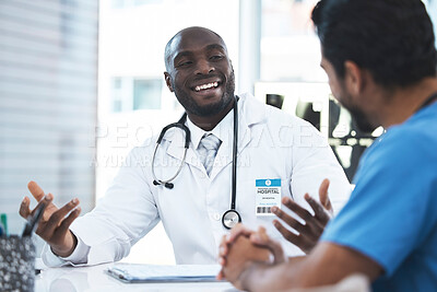 Buy stock photo Black man, doctor and nurse communication in a hospital with medical consultation. Healthcare, meeting and working wellness employee with smile in clinic talking about insurance and happy consulting