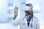 Doctor, virtual reality and man with x ray in health and digital transformation, anatomy and overlay. Tech growth in medicine, medical data on screen with black male in VR goggles and futuristic