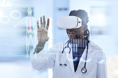 Buy stock photo Doctor, virtual reality and man with x ray in health and digital transformation, anatomy and overlay. Tech growth in medicine, medical data on screen with black male in VR goggles and futuristic