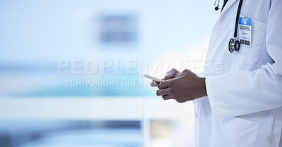 Buy stock photo Doctor, man and hands with phone in healthcare, communication or social media at the hospital. Hand of male medical professional chatting, texting or typing on mobile smartphone for health at clinic