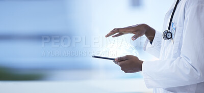 Buy stock photo Mockup, hands and doctor with tablet, futuristic and innovation for medicare, telehealth and typing. Medical professional, hand and person with a device, technology and research for diagnosis or cure