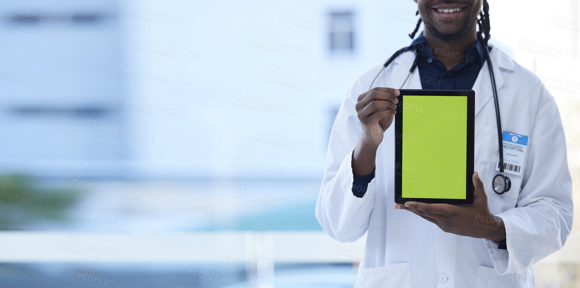Buy stock photo Doctor, happy man and hands with green screen on tablet in telehealth, healthcare or life insurance at hospital. Hand of male medical professional holding technology with mockup or copy space display