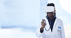 Ai healthcare, checkup and black man with glasses for a metaverse consultation and health app. Mockup, futuristic and African doctor consulting with goggles and stethoscope in a virtual reality