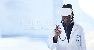 Buy stock photo Ai healthcare, checkup and black man with glasses for a metaverse consultation and health app. Mockup, futuristic and African doctor consulting with goggles and stethoscope in a virtual reality