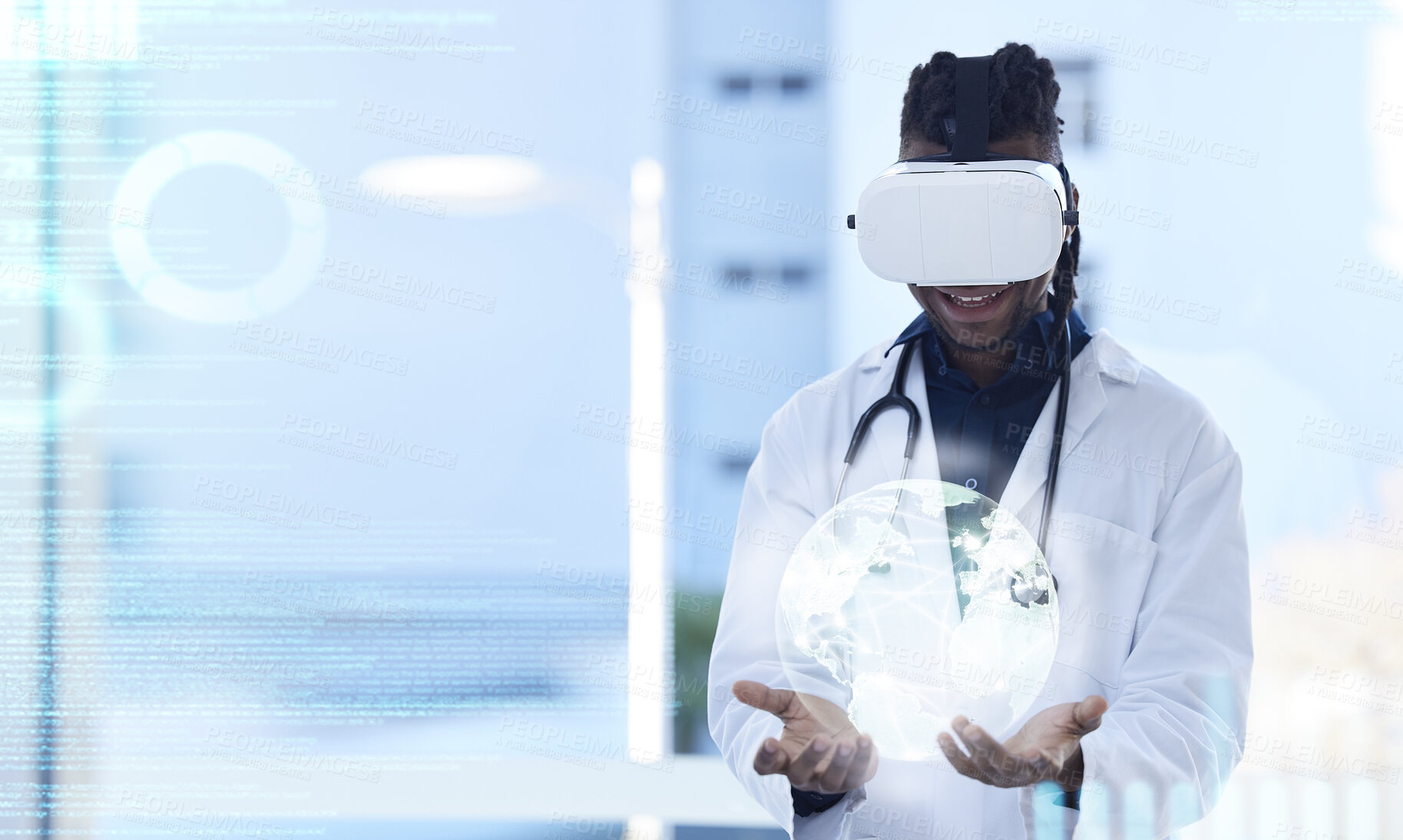 Buy stock photo Doctor, virtual reality and man with hologram of globe and digital transformation in healthcare, analytics and overlay. Tech growth in medicine, global network with male in VR goggles and futuristic
