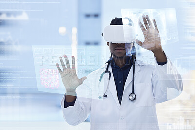 Buy stock photo Doctor, virtual reality and man in medicine hologram, x ray scan and digital transformation, analytics and overlay. Tech growth in health, data on screen with African male in VR goggles or futuristic