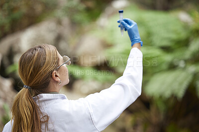 Buy stock photo Science, nature and woman with sample for inspection, environmental and ecosystem study. Agriculture, biology and female scientist with test tube in forest for analysis, research and climate change