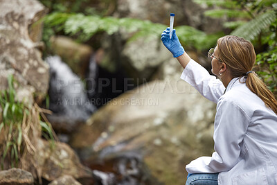 Buy stock photo Science, nature and woman with water in test tube for inspection, environment and ecosystem study. Agriculture, biology and female scientist with sample for analysis, research and climate change