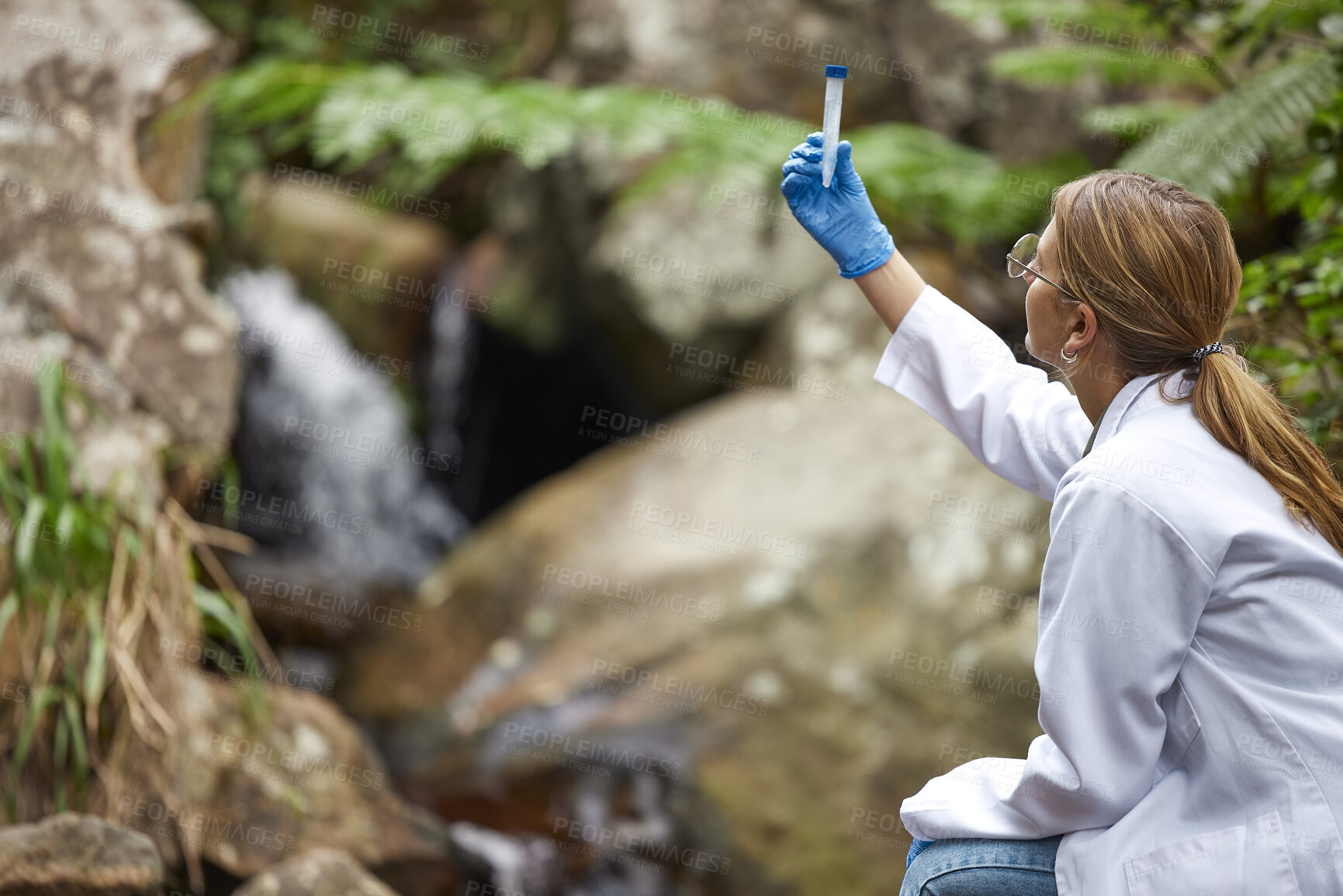 Buy stock photo Science, nature and woman with water in test tube for inspection, environment and ecosystem study. Agriculture, biology and female scientist with sample for analysis, research and climate change