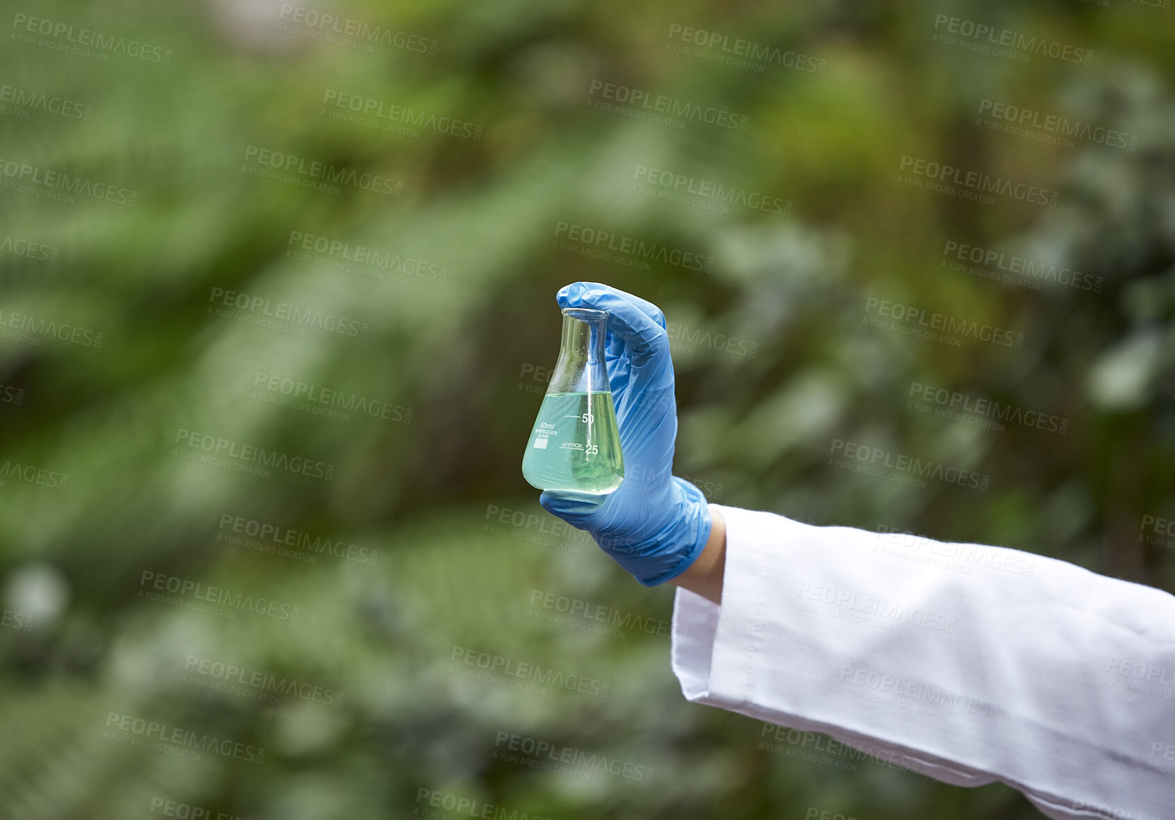 Buy stock photo Science, nature and scientist hand with beaker for liquid sample inspection, environment and ecosystem. Agriculture, biology and person with glass in forest for analysis, research and study mock up