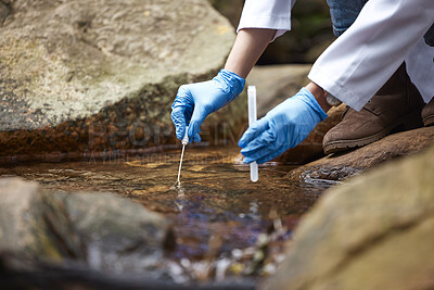 Buy stock photo Science, nature and scientist with water sample for inspection, research and ecosystem study. Agriculture, biology and hands of person with test tube in forest for analysis, growth data and bacteria