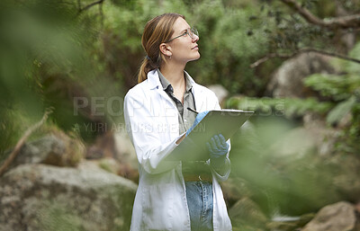 Buy stock photo Clipboard, nature and scientist woman in agriculture research, sustainability and checklist of climate change test. Plants, sustainable growth and thinking, inspection or science person writing notes