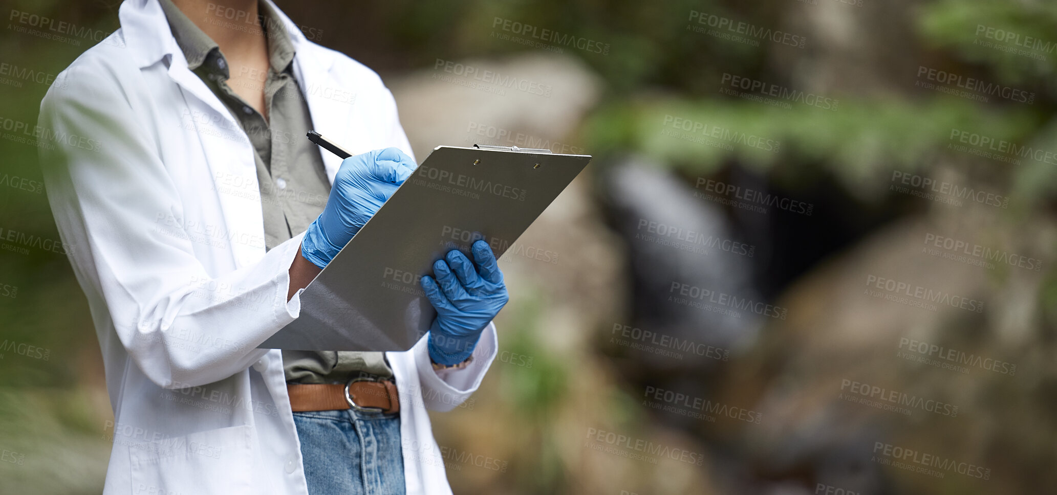 Buy stock photo Clipboard, nature and scientist in agriculture research, sustainability and plants checklist for climate change test. Green, sustainable growth and science woman or medical person hands writing notes