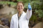 Science, nature and portrait of woman with thumbs up for thank you, approval and success for ecosystem. Sustainability, biology and happy female scientist in forest for analysis, research and study