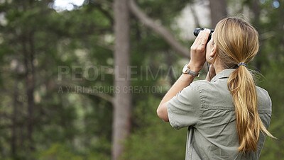 Buy stock photo Binoculars, forest and woman explore in nature, travel journey or outdoor adventure for carbon footprint research. Watch, search and back person birdwatching in jungle, woods or eco green environment
