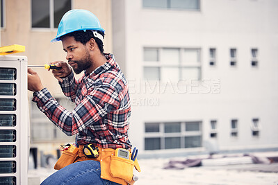 Buy stock photo Black man, electrician and maintenance with engineering and ac repair with handyman working with tools on roof. Fix air conditioner, male technician with screwdriver and power generator with service