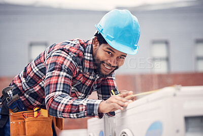 Buy stock photo Man, measuring tape and air conditioner repair with inspection, installation or quality assurance on rooftop. African electrician, aircon and smile for maintenance, service check or hvac engineering