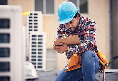 Buy stock photo Engineer, roof and checklist for air conditioning maintenance, safety and inspection for quality assurance. Black man, aircon and clipboard for writing report, focus and document for hvac engineering