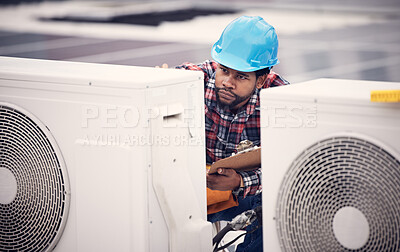 Buy stock photo Technician clipboard, air conditioner or inspection on rooftop safety, power or maintenance. Electrician, black man or paperwork for hvac system, ac repair or quality assurance of temperature control