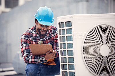 Buy stock photo Air conditioner, clipboard and technician man inspection, maintenance and safety check for electrical power generator. Happy electrician, african person or contractor, checklist and roof engineering