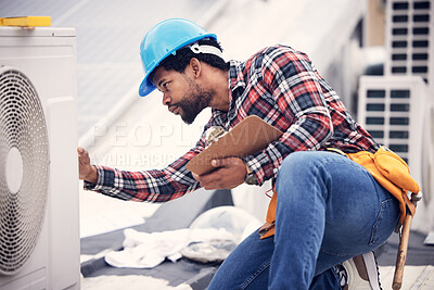 Buy stock photo Technician, clipboard or air conditioning inspection on rooftop for safety, power or maintenance. Electrician, black man or paperwork on hvac system, ac repair or quality assurance for sustainability